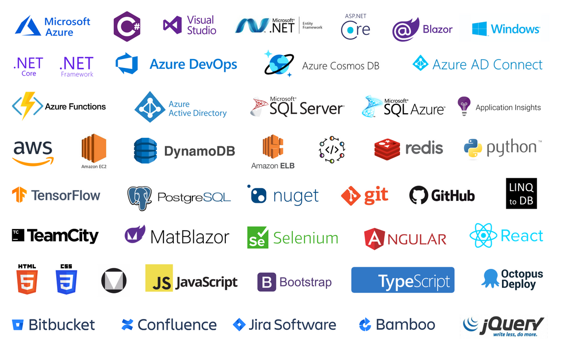 Microsoft Azure (including Azure Machine Learning and Azure AI services),C#,Visual Studio,.NET,ASP.NET Core,Blazor,Windows,.NET Core,.NET Framework,Azure DevOps,Azure Cosmos DB,Azure AD Connect,Azure Functions,Azure Active Directory,SQL Server,SQL Azure,Application Insights,AWS (Amazon Web Services, including AWS Machine Learning services),Amazon EC2,DynamoDB,Amazon ELB,TensorFlow,PostgreSQL,nuget,git,GitHub,LINQ to DB,Redis,Python,TeamCity,MatBlazor,Selenium,Angular,React,HTML5,CSS3,JavaScript,Bootstrap,TypeScript,Octopus Deploy,Bitbucket,Confluence,Jira Software,Bamboo,jQuery,OpenAI API (for conversational AI and natural language processing),GPT (Generative Pre-trained Transformer for natural language understanding),PyTorch (an open-source machine learning library based on the Torch library)